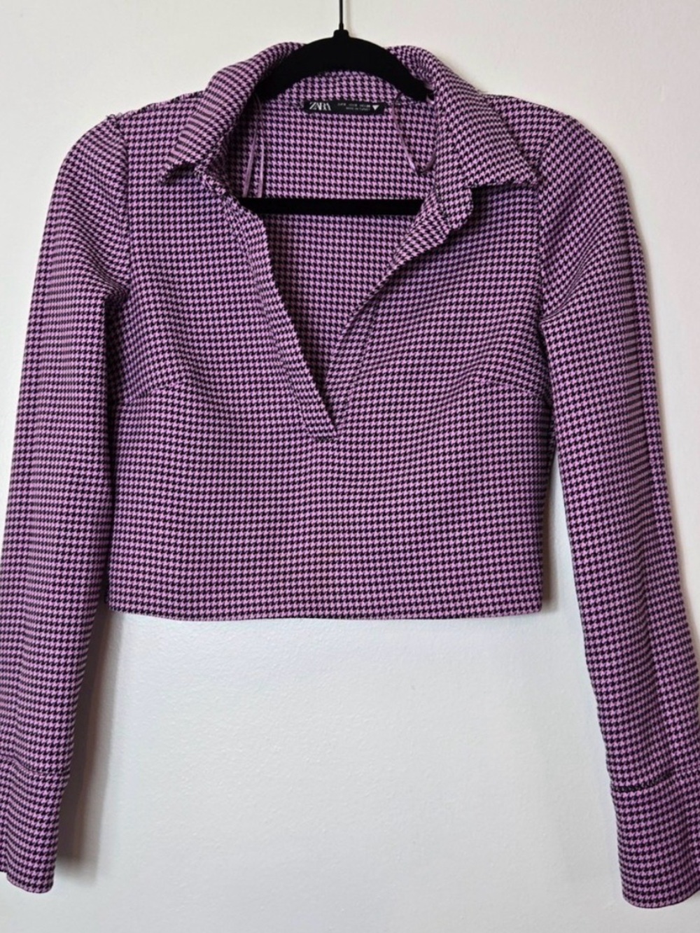 Zara Purple Houndstooth Cropped Polo Top